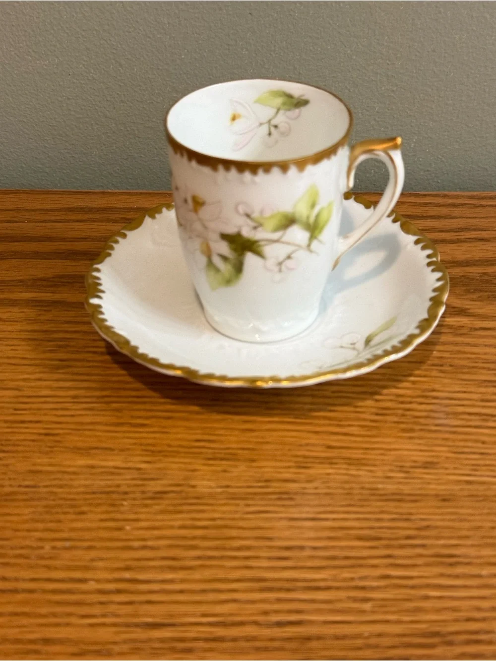 Vintage Porcelain Demitasse Cup and Saucer Hand Paired Floral White Gold Yellow